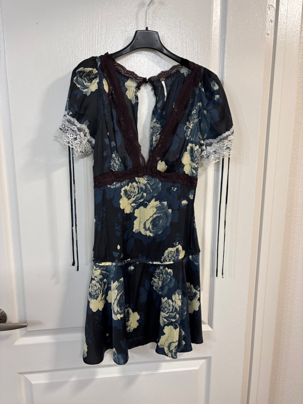 Free People Black Floral Lace-Trim Mini Dress with Cream Roses